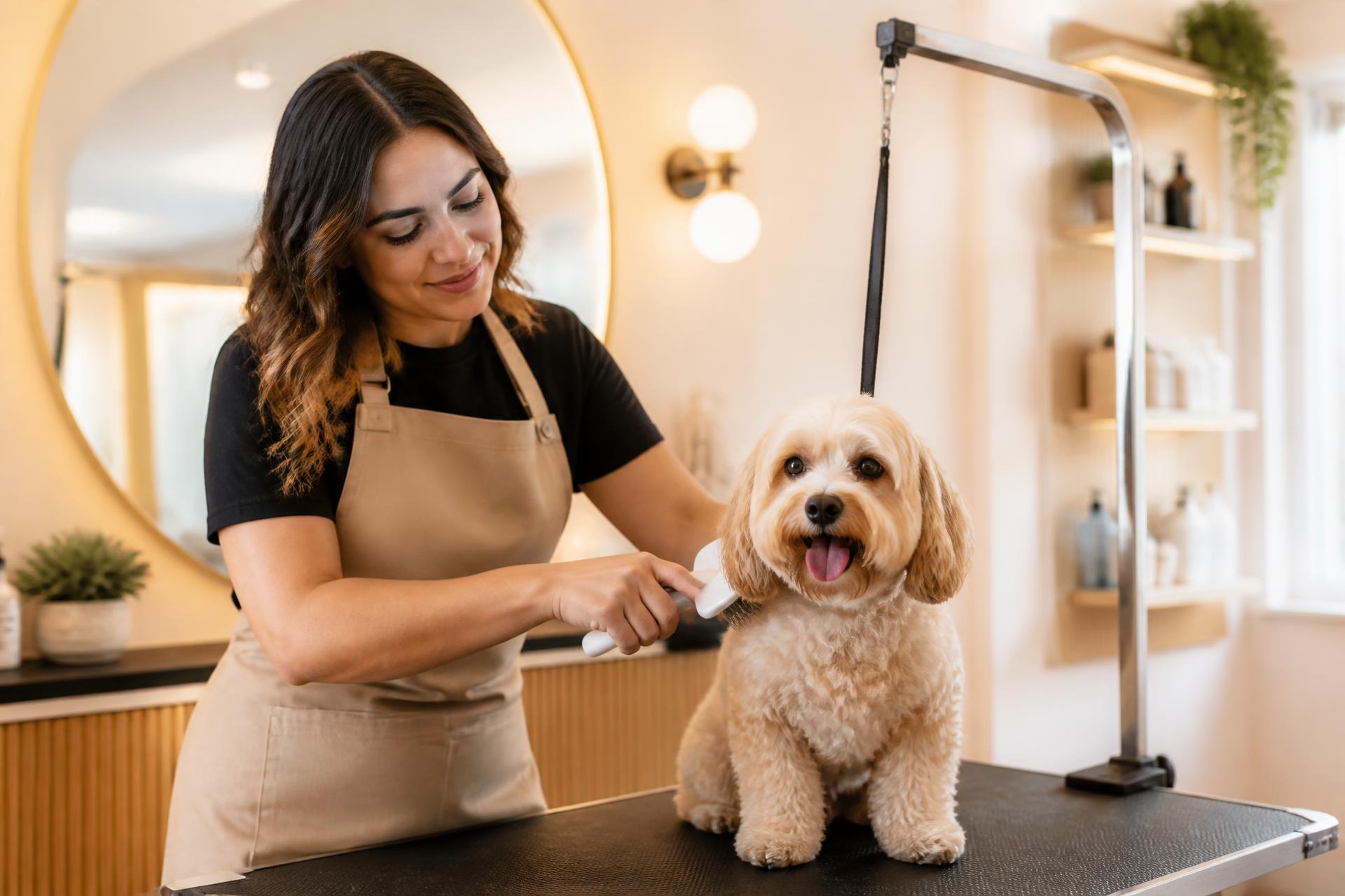 Toiletteuse brossant un petit chien sur une table de toilettage