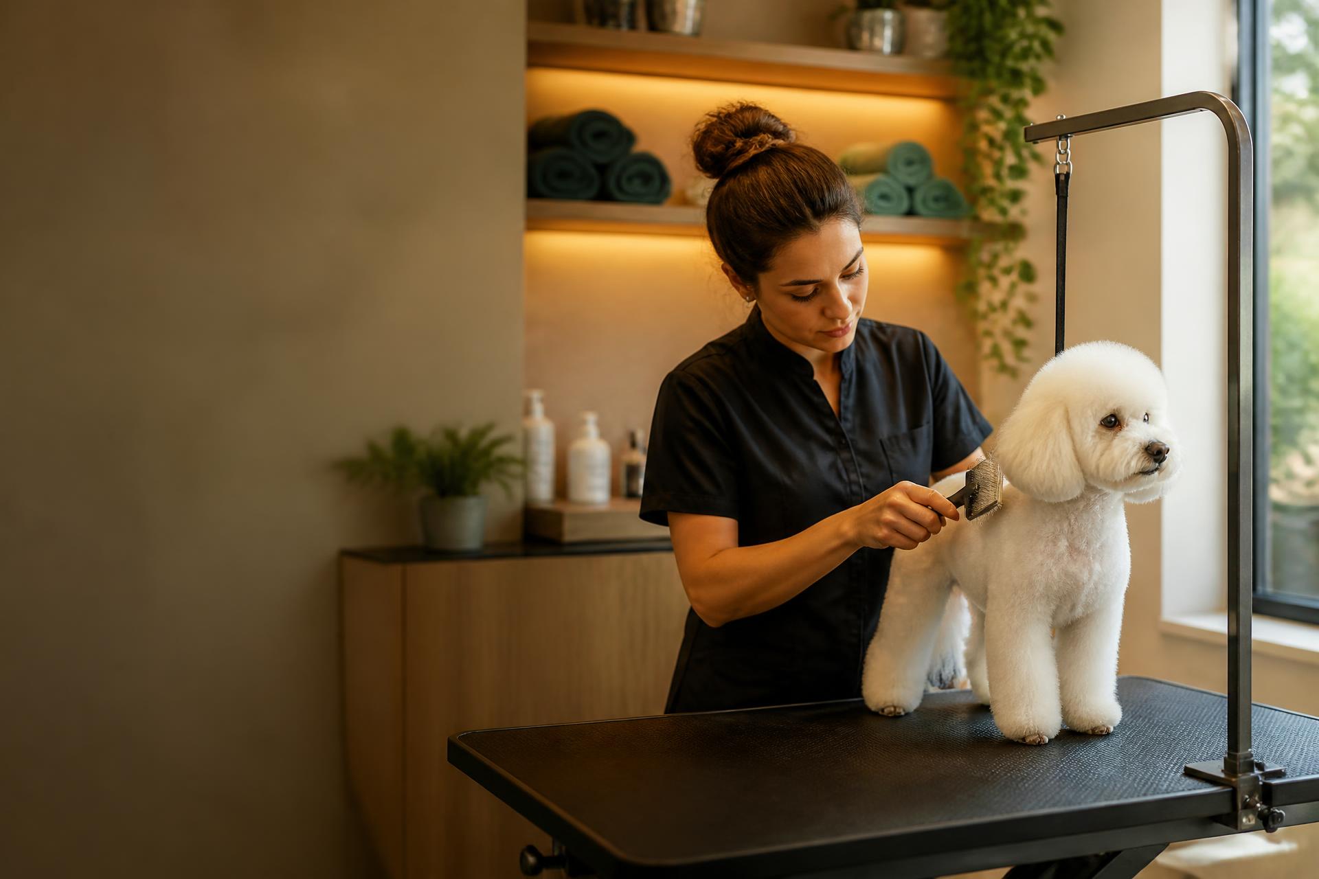 Toiletteuse finissant un petit chien blanc sur une table de toilettage